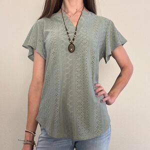 Sage Green Short Sleeve Blouse with Flutter Sleeves, V-neck, and Eyelet Details